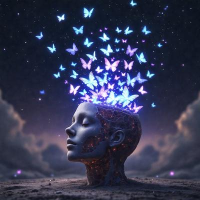 The primary subject of the image is a close-up of a woman's head, with a purple and blue butterfly-shaped headpiece. The setting is a night sky, and the visual style is a digital art or illustration. The colors and mood of the image are predominantly purple and blue, creating a serene and dreamy atmosphere.